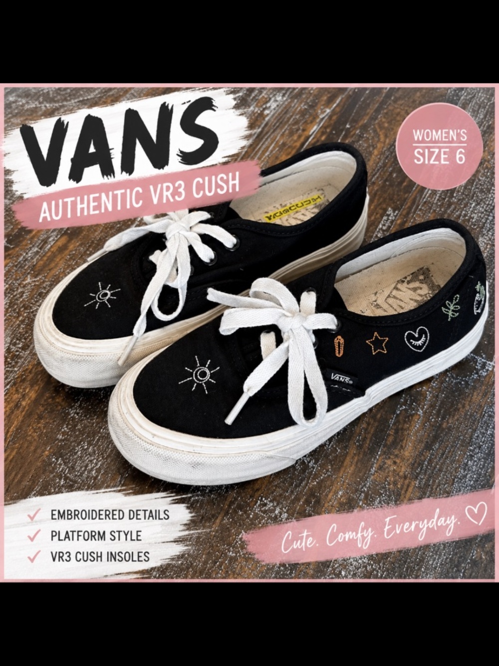 Vans Authentic VR3 Cush Black Embroidered Platform Sneakers Women’s 6